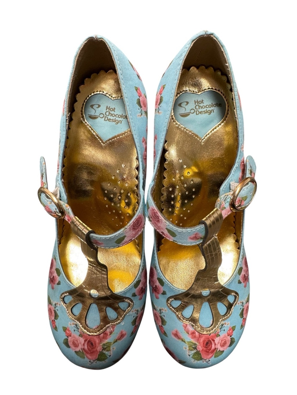 Hot Chocolate Emma Floral Roses Platforms Heels T-Bar Mary Janes Blue EU 37 - Picture 4 of 13